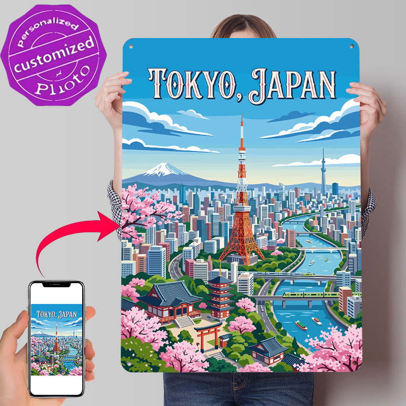 Retro Gaming Tokyo - Tokyo Cityscape With Cherry Blossoms Tinplate